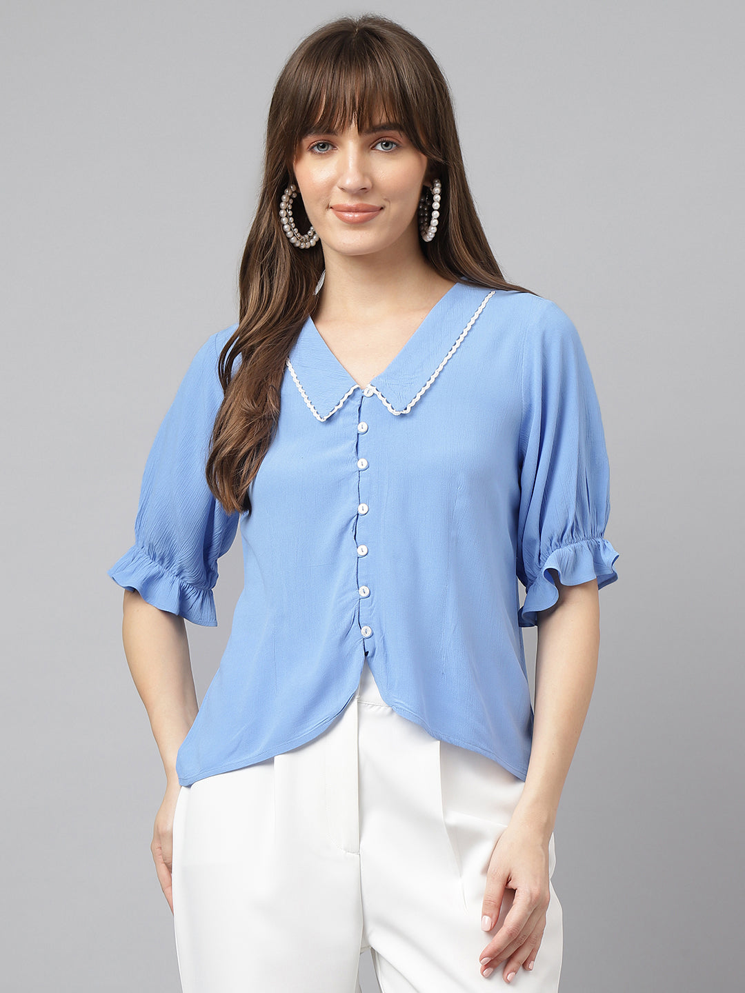 Latin Quarters Women Blue Collared Short Sleeves Solid Shirt