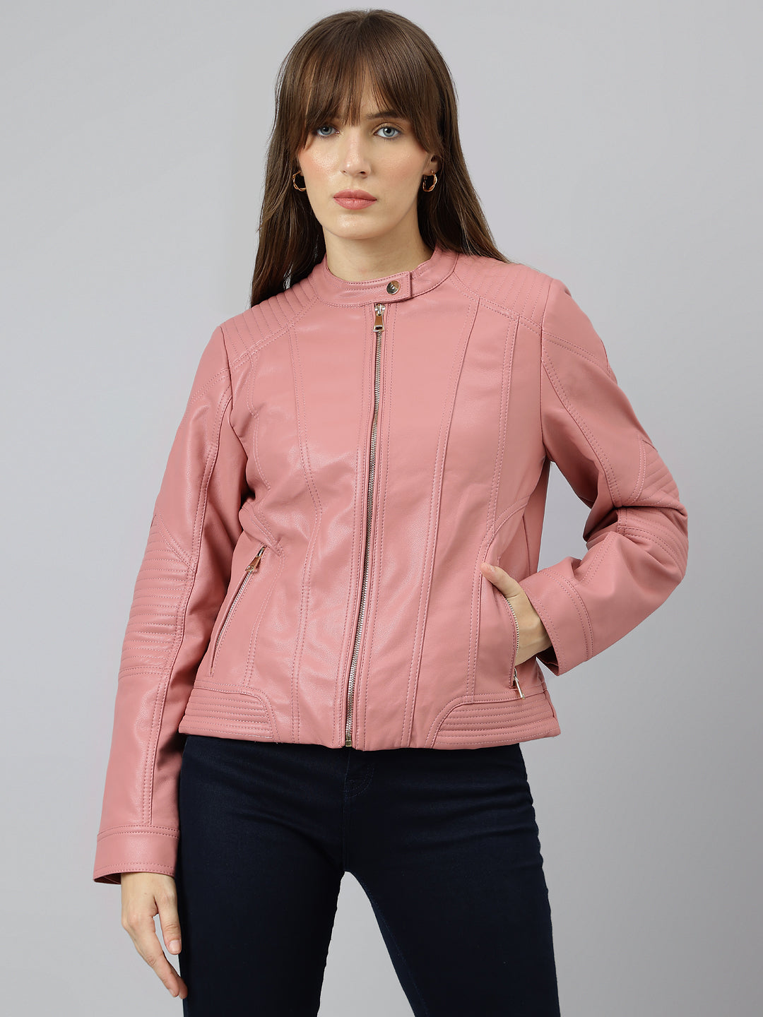 Latin Quarters Women Pink Mandarin Neck Full Sleeve Solid Jacket