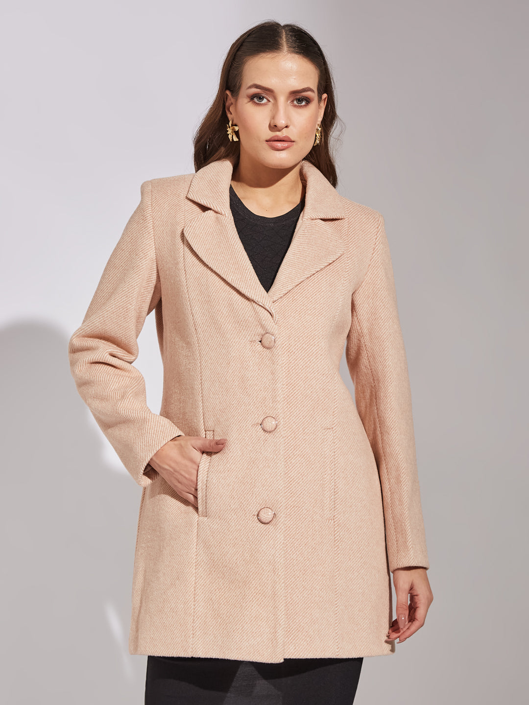 Latin Quarters Women Beige Collar Neck Full Sleeve Solid Coat