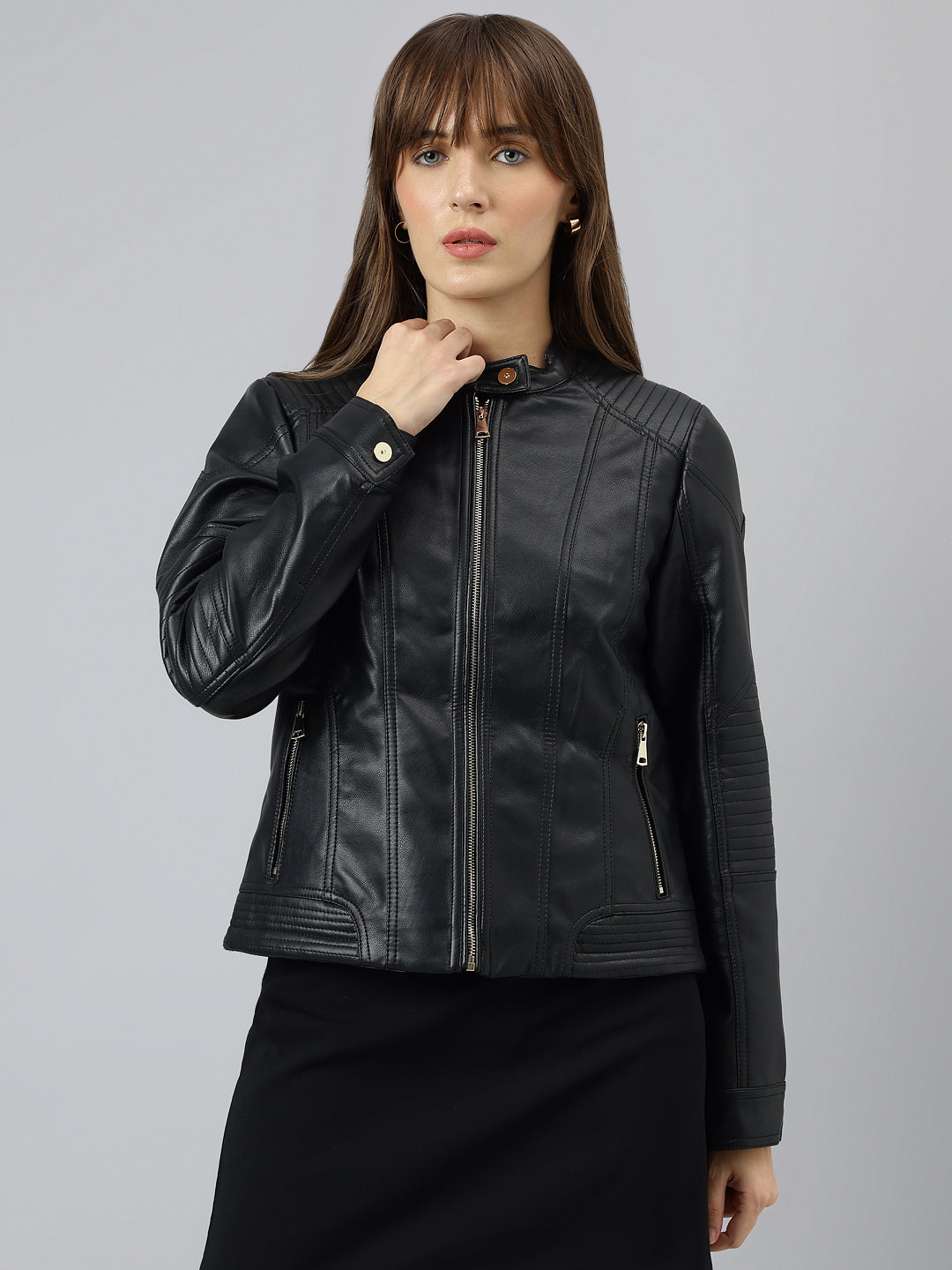 Latin Quarters Women Black Mandarin Neck Full Sleeve Solid Jacket
