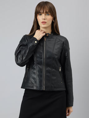 Latin Quarters Women Black Mandarin Neck Full Sleeve Solid Jacket