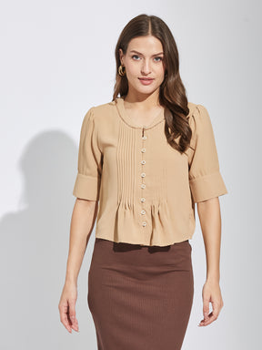 Latin Quarters Women Beige Round Neck Half Sleeves Solid Top Blouse For Casual Wear
