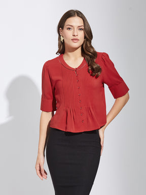 Latin Quarters Women Red Round Neck Half Sleeves Solid Top Blouse For Casual Wear