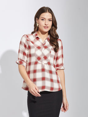 Latin Quarters Women Red Collar Neck Half Sleeves Checked Shirt Blouse For Casual Wear