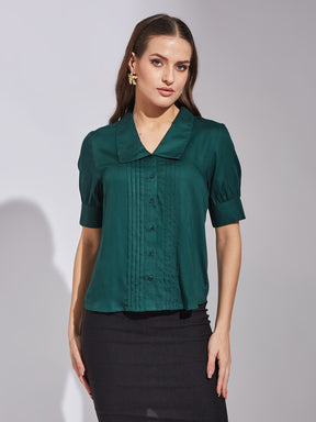 Latin Quarters Women Green Collar Neck Short Sleeves Solid Shirt