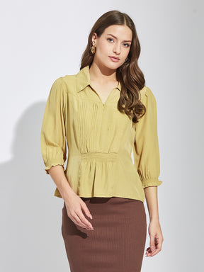 Latin Quarters Women Beige Collar Neck 3/4Th Sleeves Solid Shirt Blouse For Casual Wear