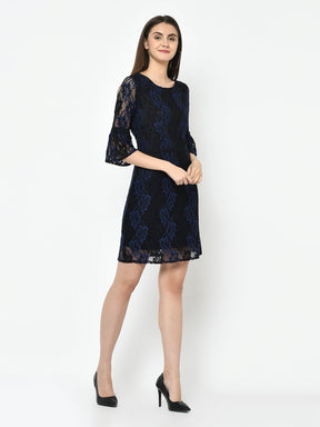 Black 3/4 Sleeve A-Line Dress With Lace