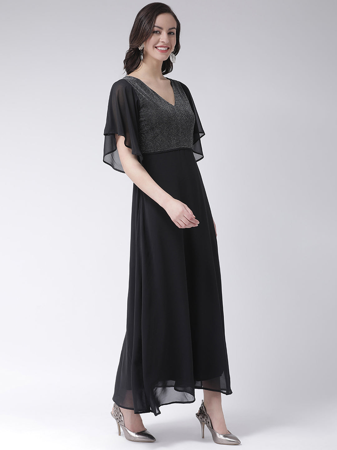 Black Half Sleeve Maxi Dress With Lurex