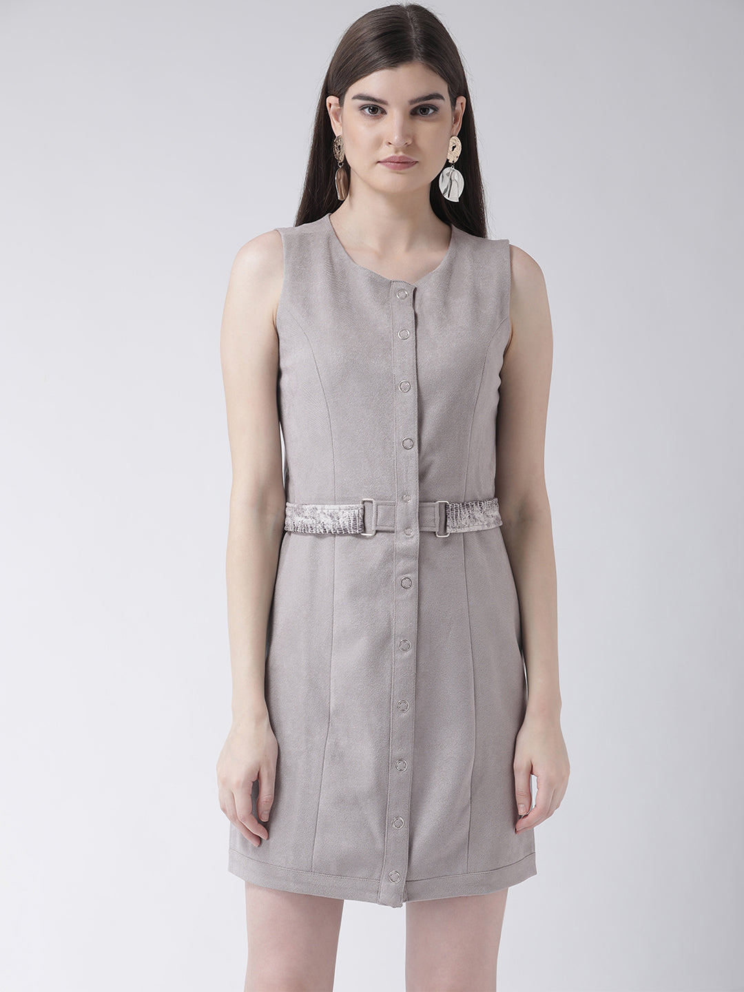 Grey Sleeveless Shift Dress With Belt