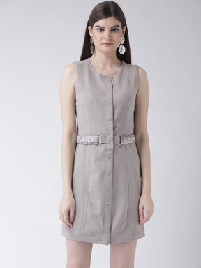 Grey Sleeveless Shift Dress With Belt