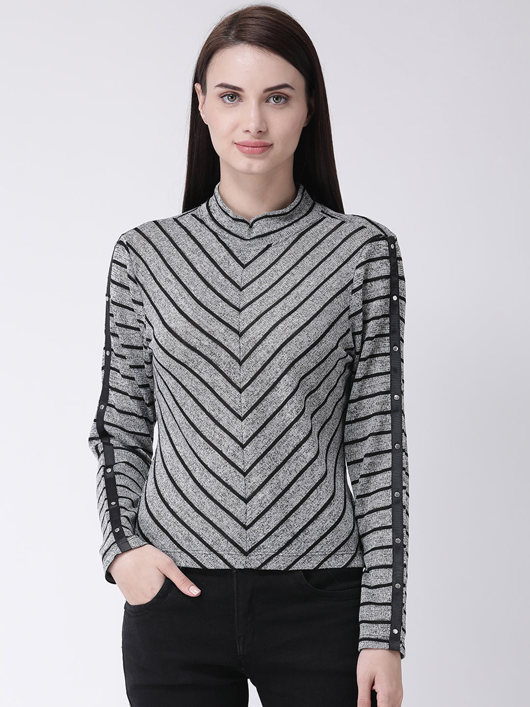 Grey Full Sleeve Striped T Shirt