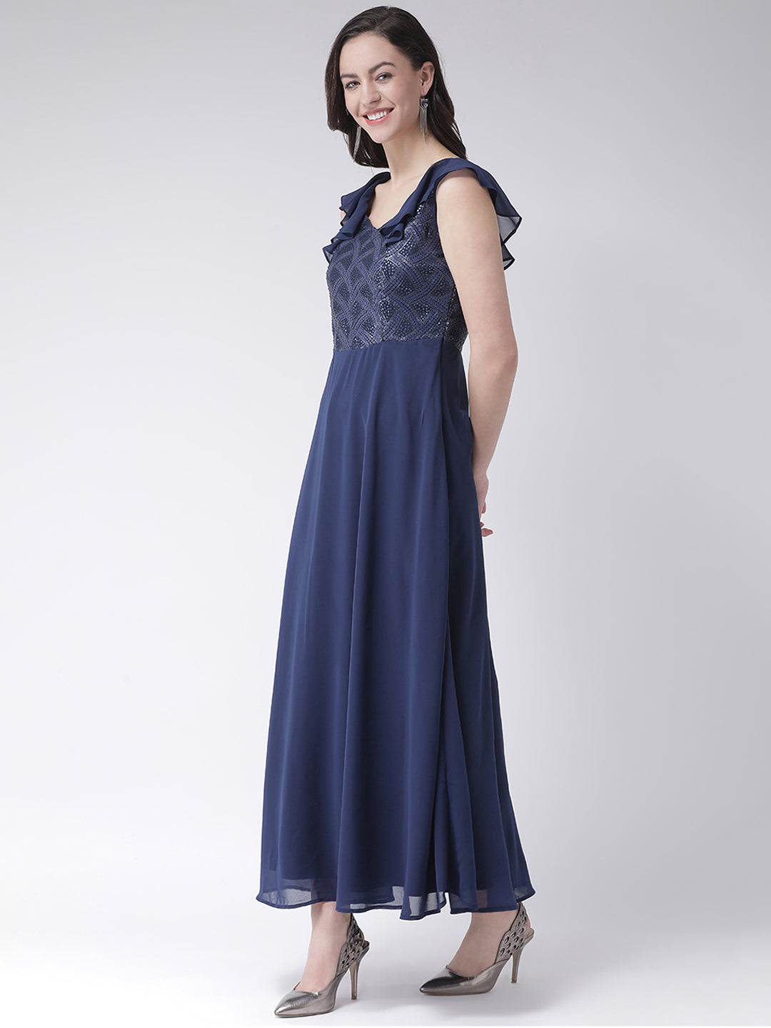 Blue Navy Sleeveless Maxi Dress With Ruffles