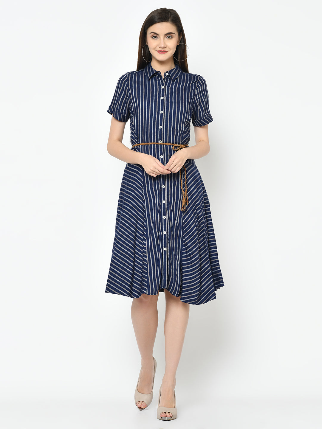 Blue Half Sleeve Shirt Striped Dress