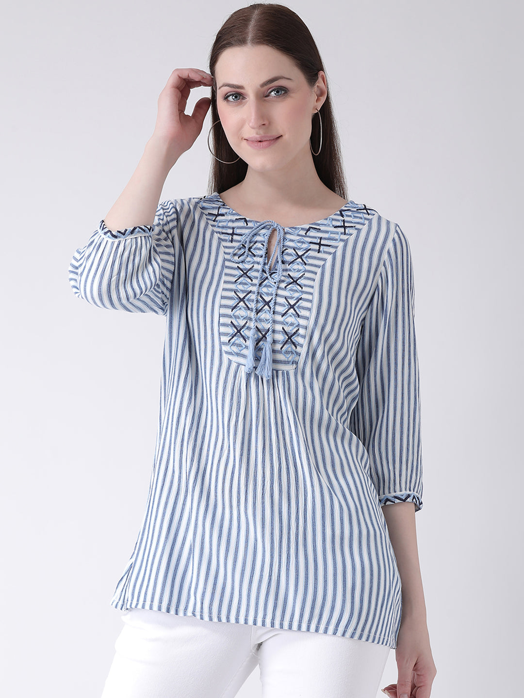 Gauze Tunic With Embroidery & Tassel