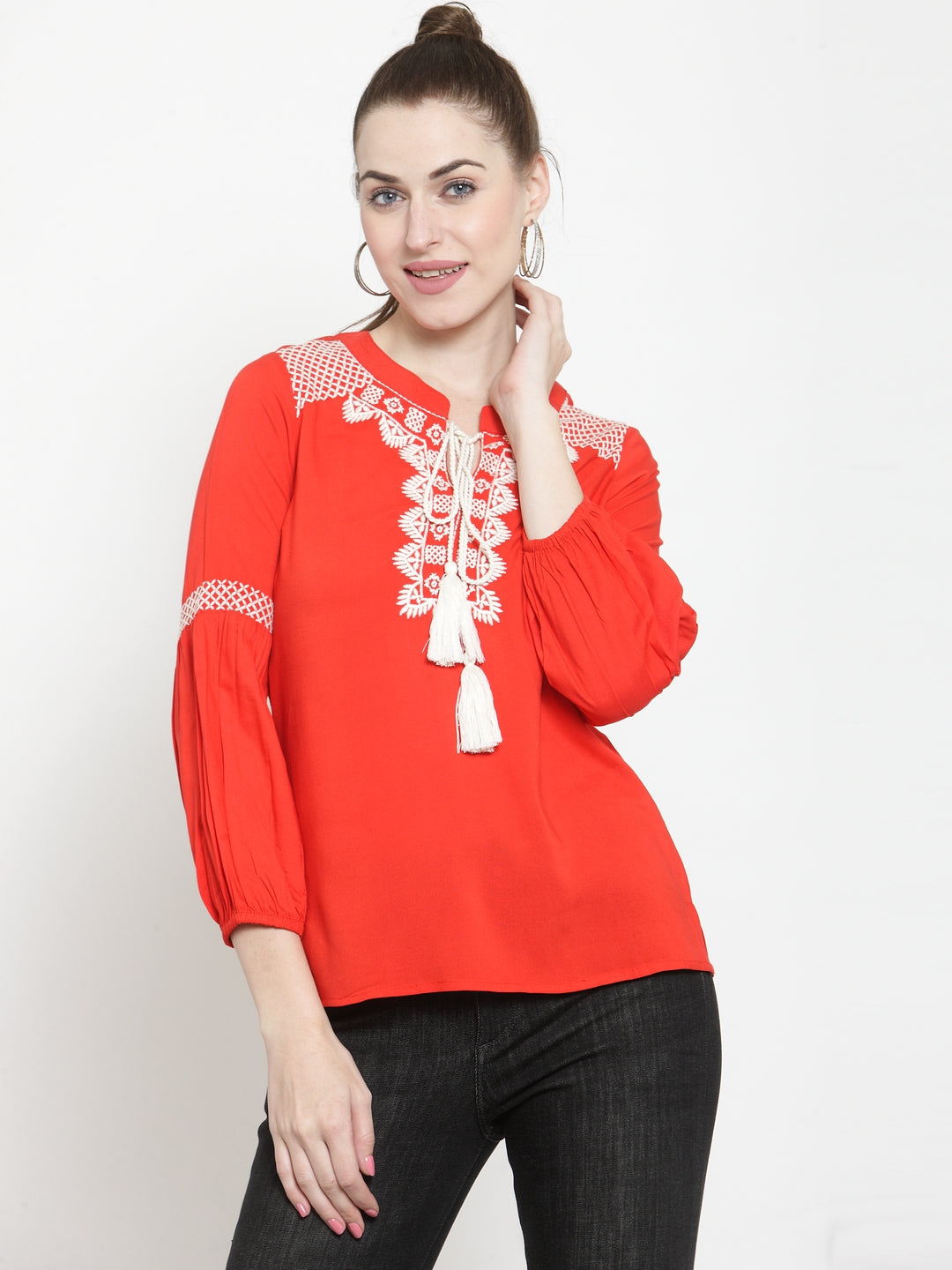 Rayon Blouse With Embroidery & Tassel