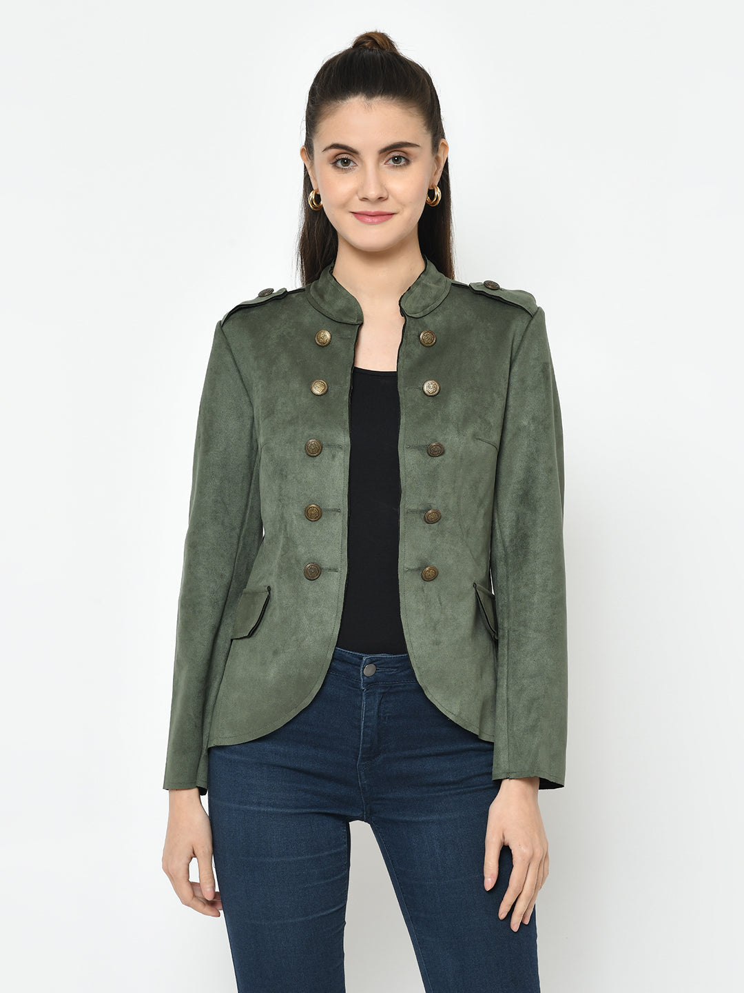 Green Full Sleeve Straight Button Jacket