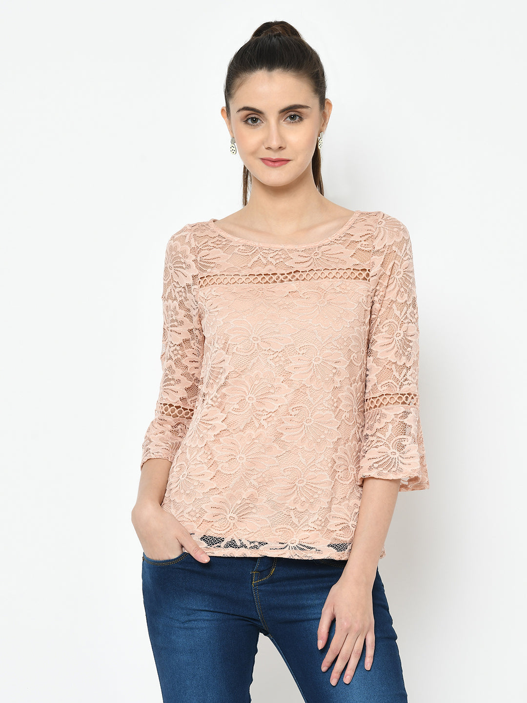 Beige 3/4 Sleeve Blouse With Lace