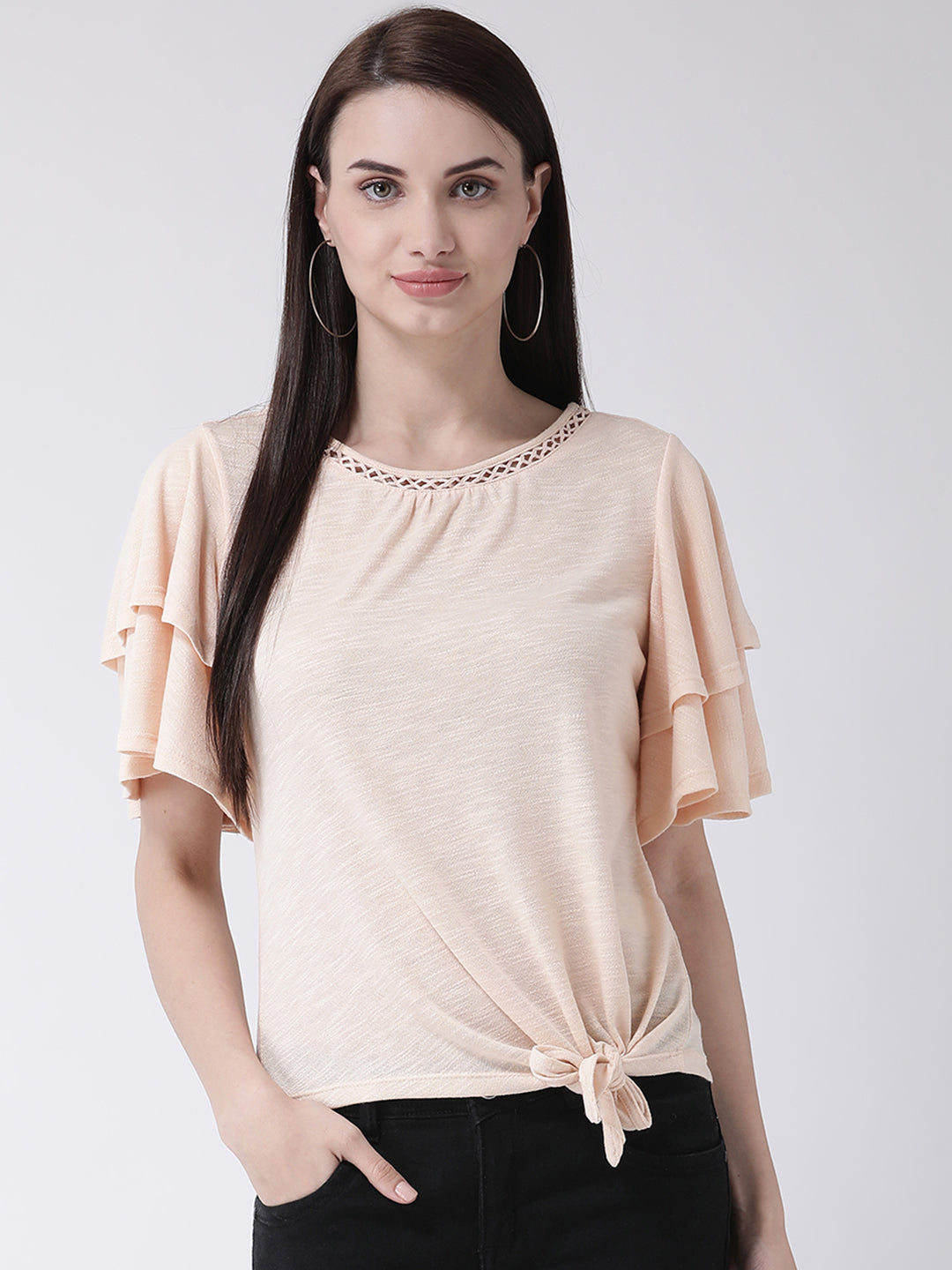 Beige Half Sleeve T Shirt With Ruffles