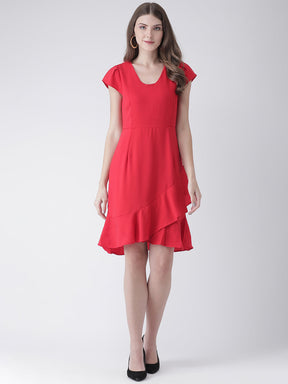 Red Cap Sleeve A-Line Dress With Panels Zip