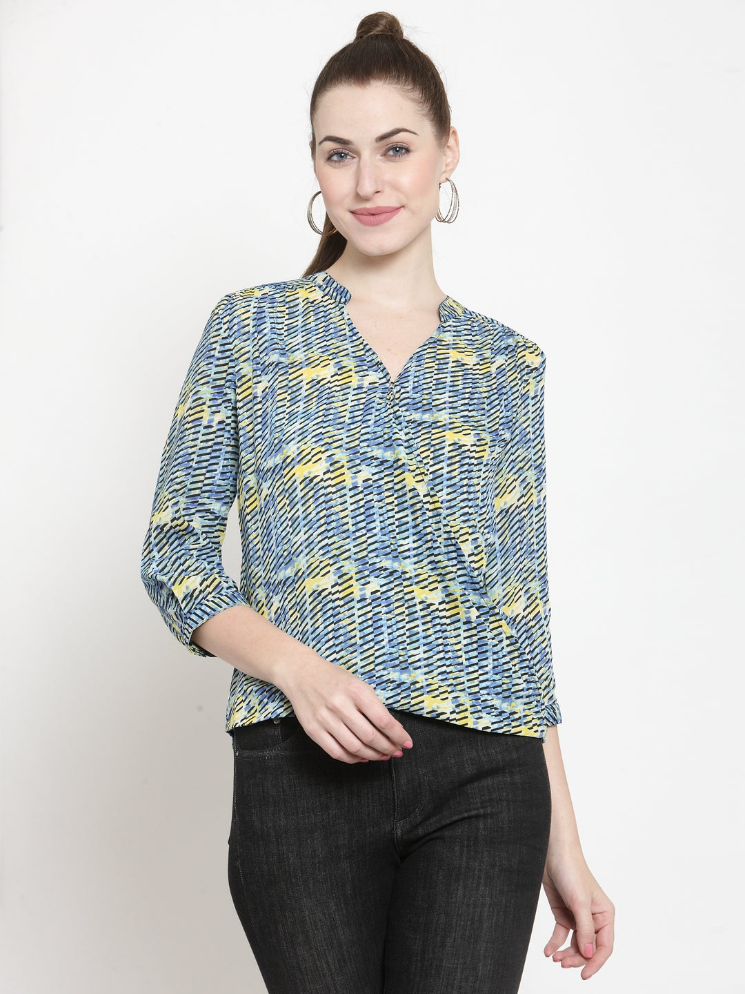 Blue 3/4 Sleeve Wrap Blouse