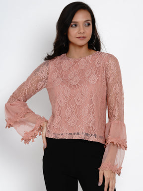 Pink Full Sleeve Stretch Lace Blouse