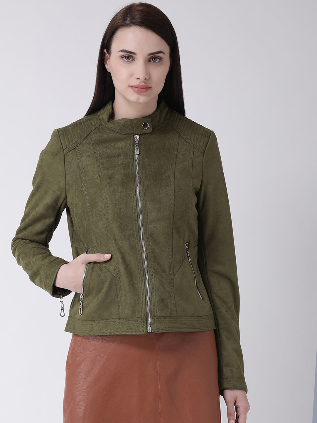 Green Full Sleeve Straight Jacket With Zip