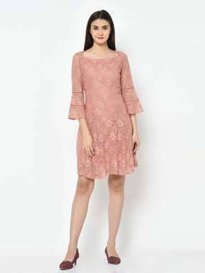 Pink 3/4 Sleeve A-Line Dress