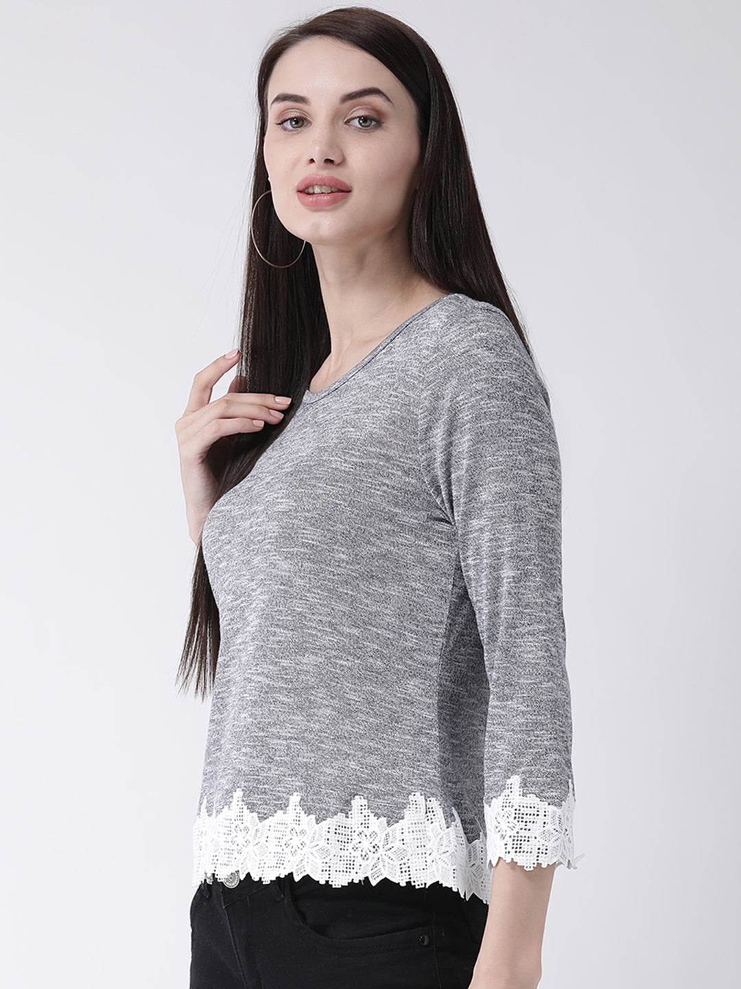 Blue 3/4 Sleeve T Shirt With Lace