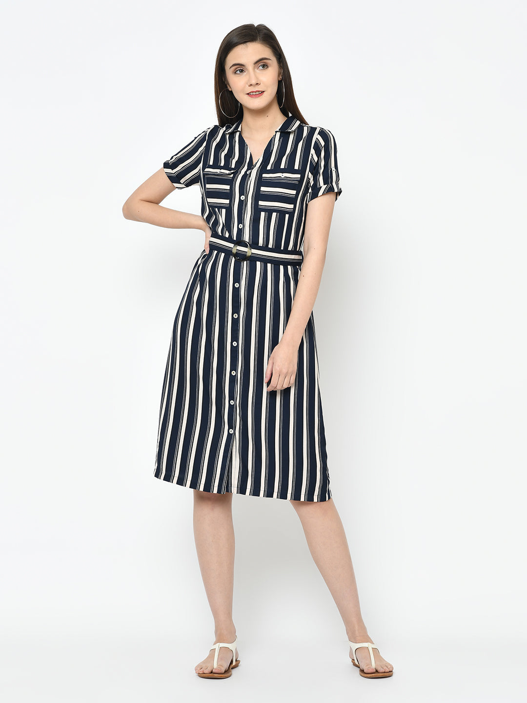 Blue Half Sleeve Shirt With Stripes Dress