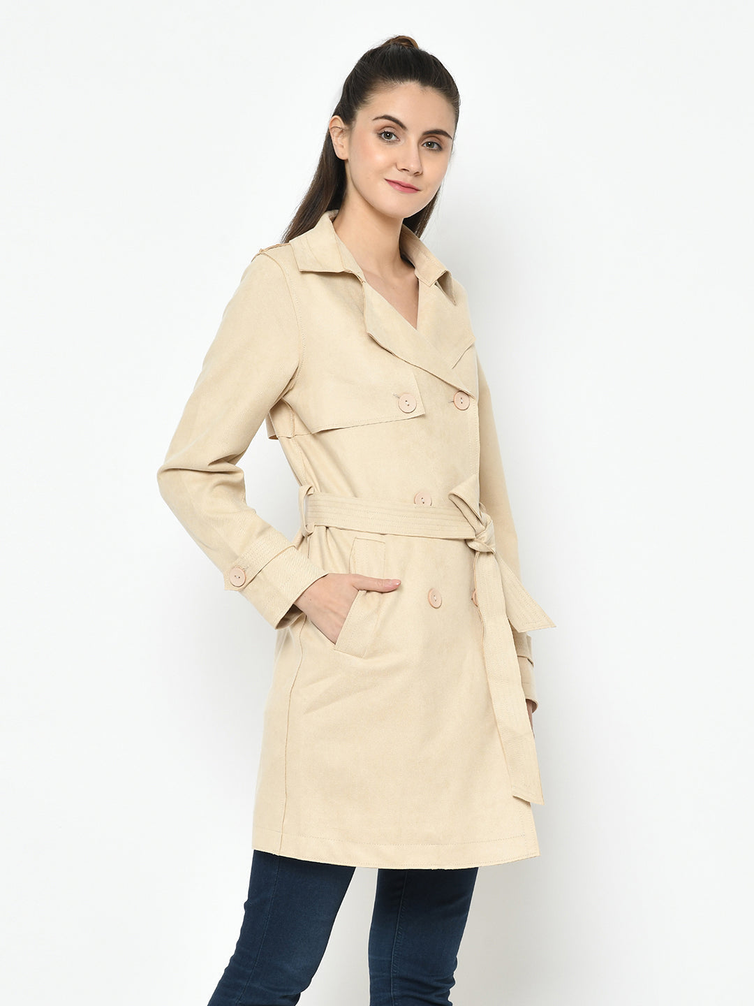 Beige Full Sleeve Trench Coat With Belt