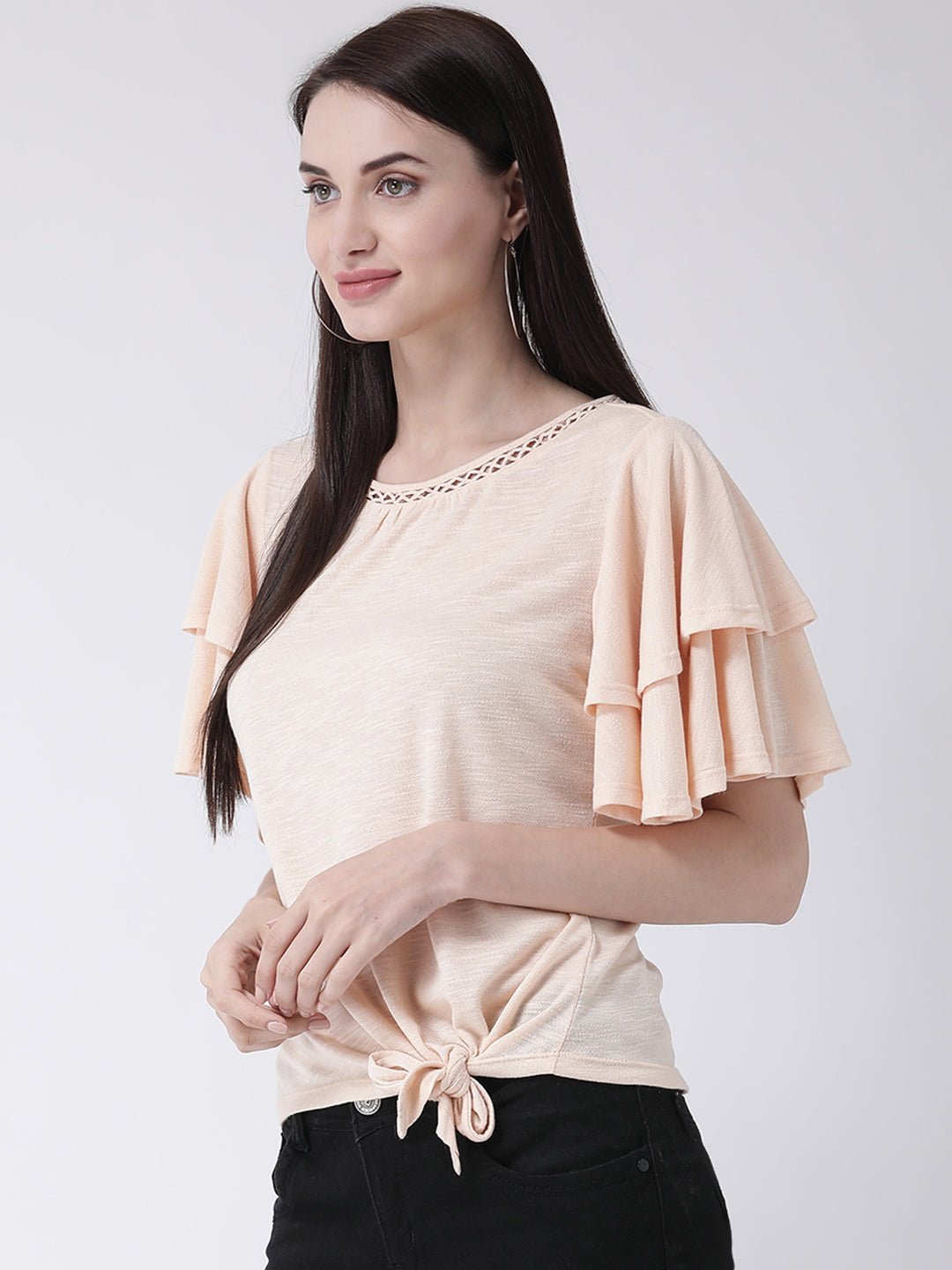 Beige Half Sleeve T Shirt With Ruffles