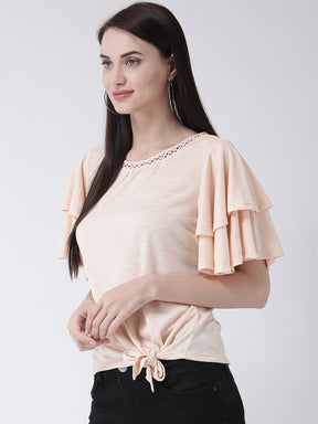 Beige Half Sleeve T Shirt With Ruffles