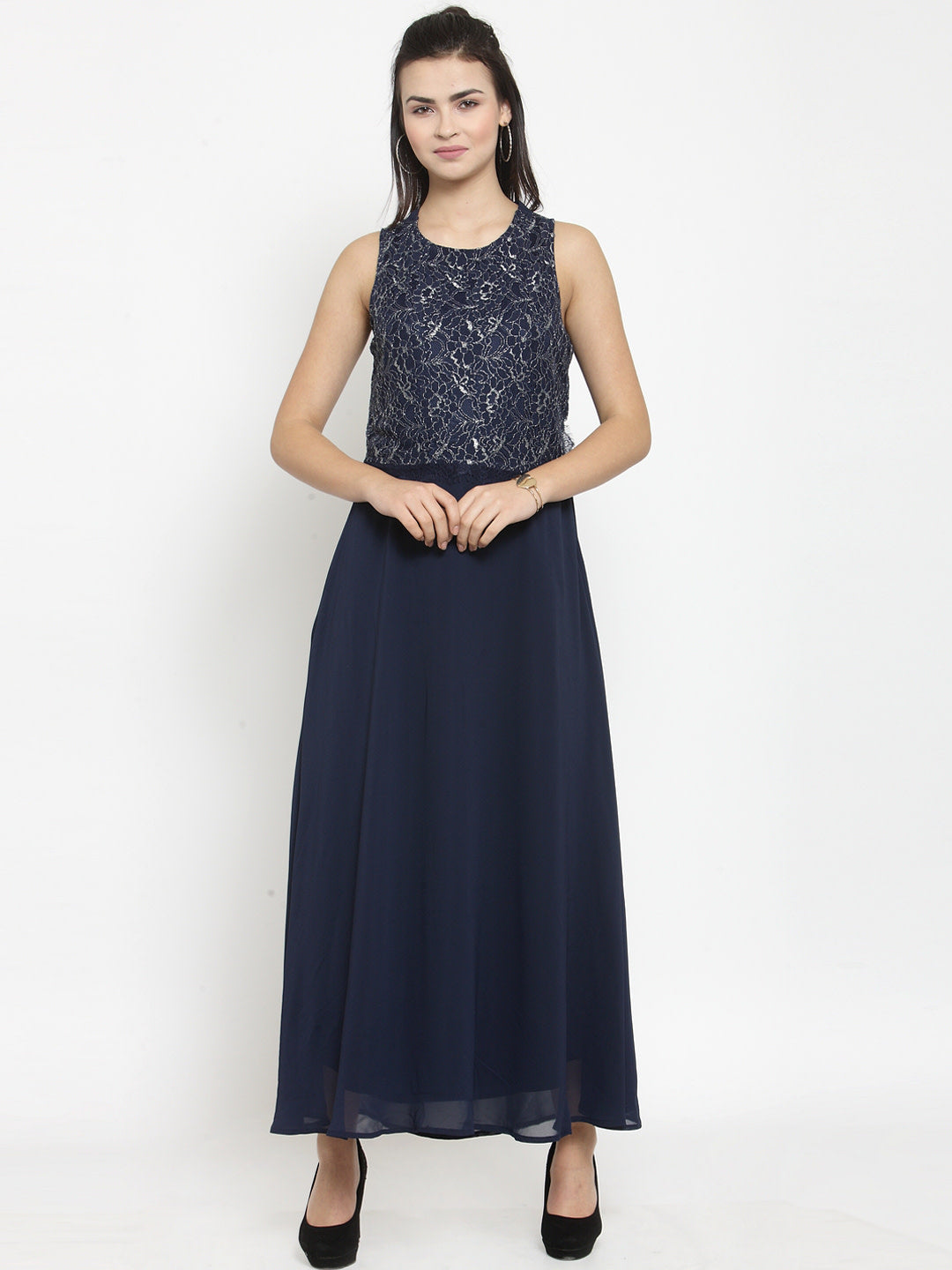 Blue Sleeveless Maxi Dress With Lace