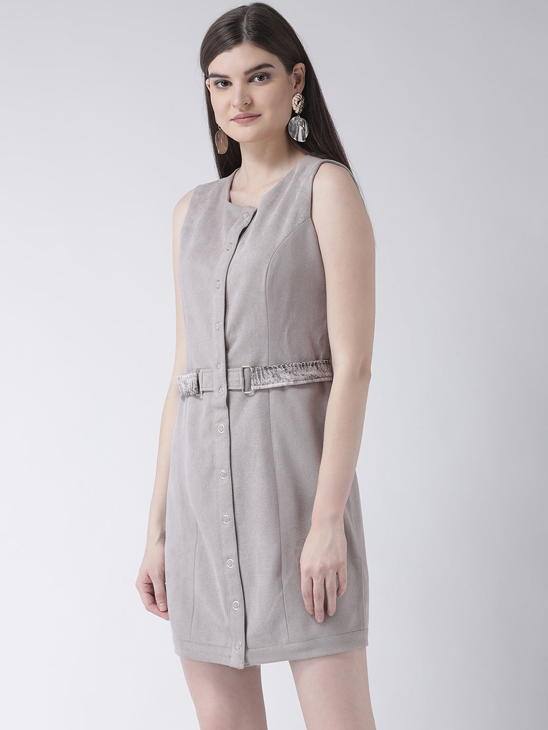 Grey Sleeveless Shift Dress With Belt