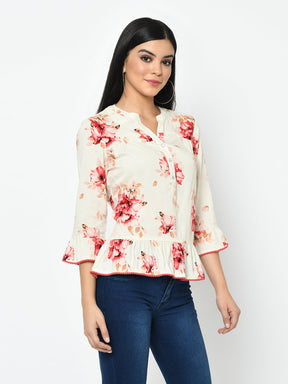 Beige 3/4 Sleeve Blouse With Laced