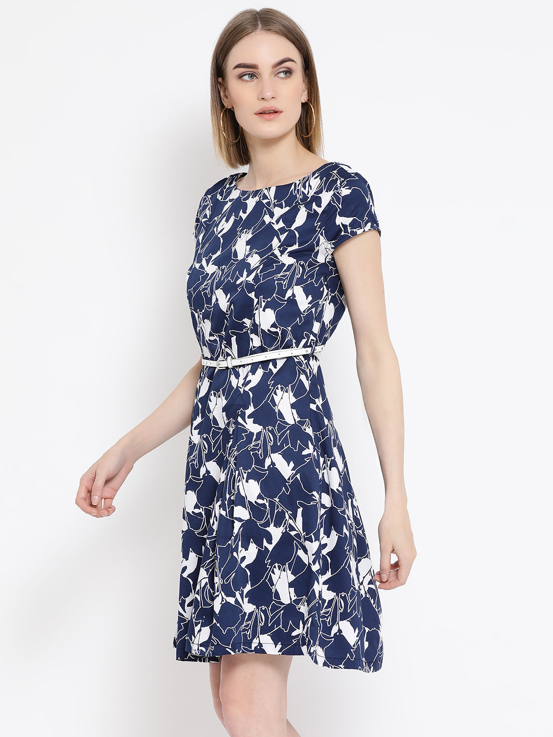 Blue Cap Sleeve A-Line Printed Dress