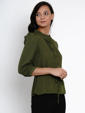 Green 3/4 Sleeve Blouse With Tie