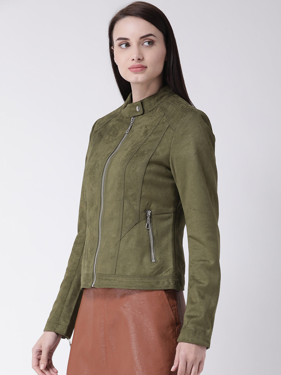 Green Full Sleeve Straight Jacket With Zip