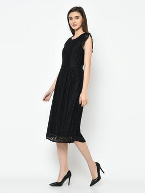 Black Cap Sleeve A-Line Dress With Lace