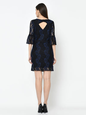 Black 3/4 Sleeve A-Line Dress With Lace