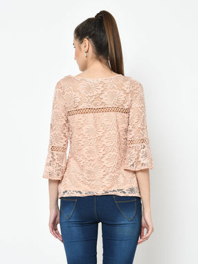 Beige 3/4 Sleeve Blouse With Lace