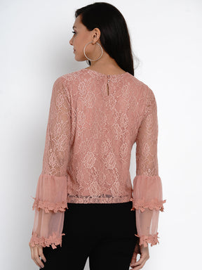 Pink Full Sleeve Stretch Lace Blouse