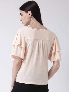 Beige Half Sleeve T Shirt With Ruffles