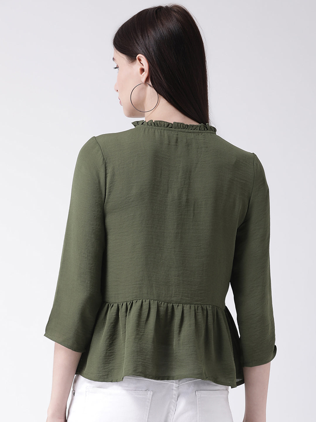 Green 3/4 Sleeve Blouse With Pleated