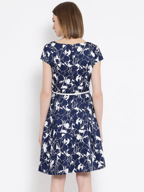 Blue Cap Sleeve A-Line Printed Dress