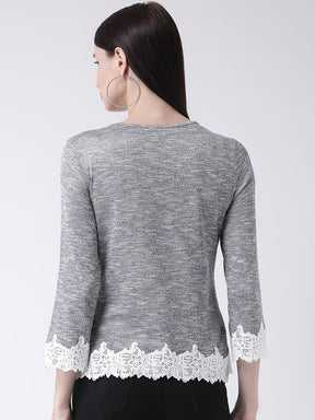 Blue 3/4 Sleeve T Shirt With Lace