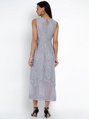Grey Sleeveless A-Line Dress With Lace