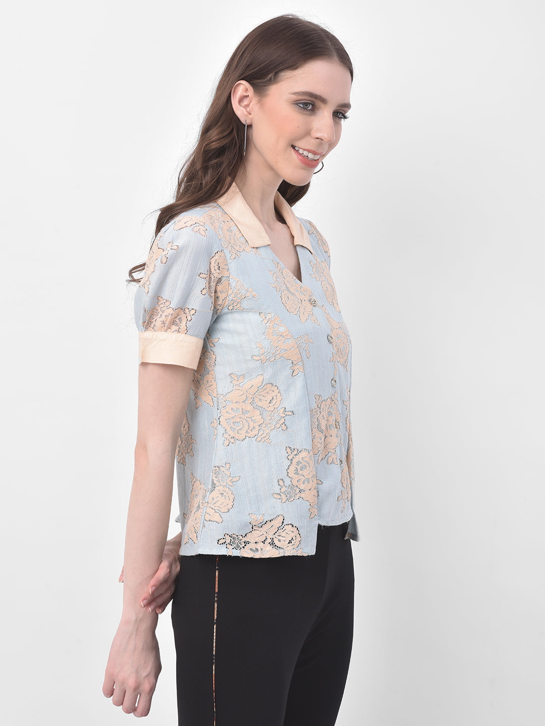 Blue Half Sleeve Shirt With Lace