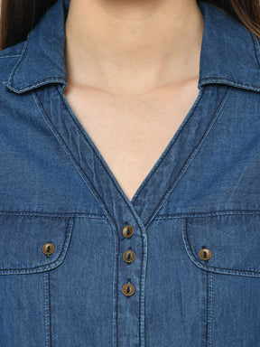 Blue Half Sleeve Shirt Dress With Button