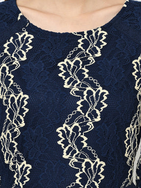 Blue 3/4 Sleeve A-Line Dress With Lace